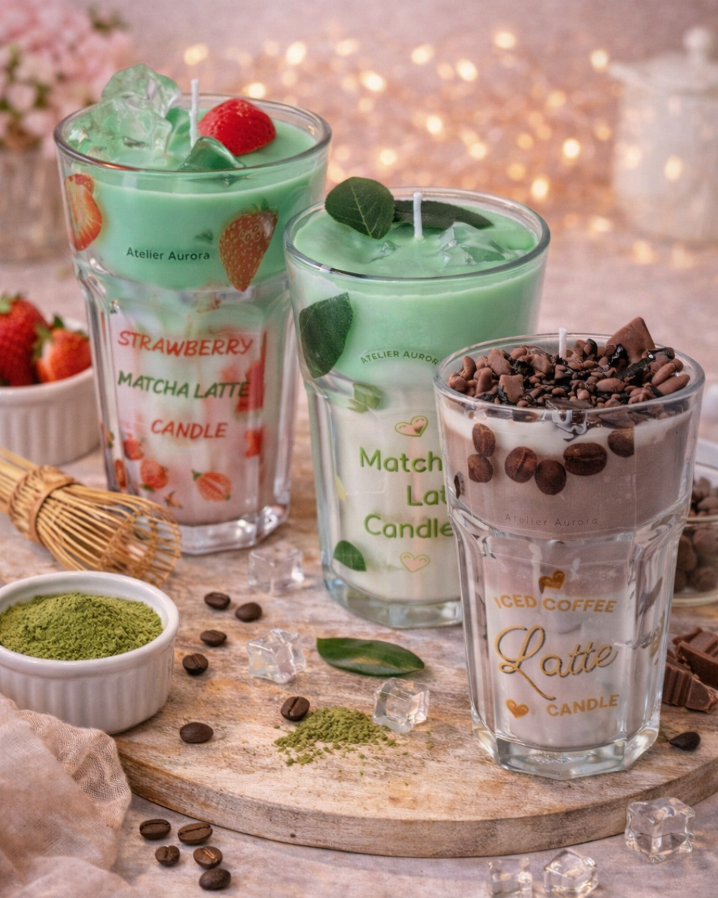 Latte-Liebe Kerze im Glas – Strawberry Matcha, Matcha Latte & Iced Coffee