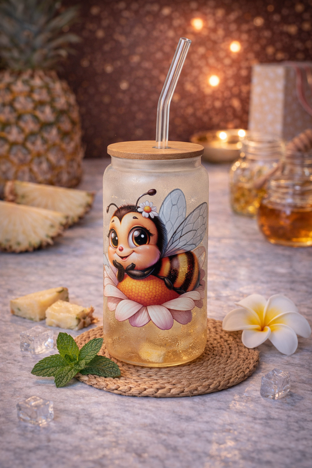 Frosted Glastrinkflasche „Sweet Moments“ – mit Bambusdeckel & Glasstrohhalm