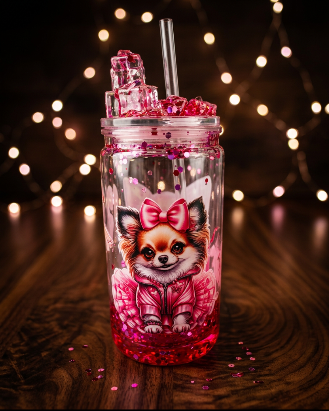 Trinkbecher mit Glitzer & Motiv – verschiedene Designs