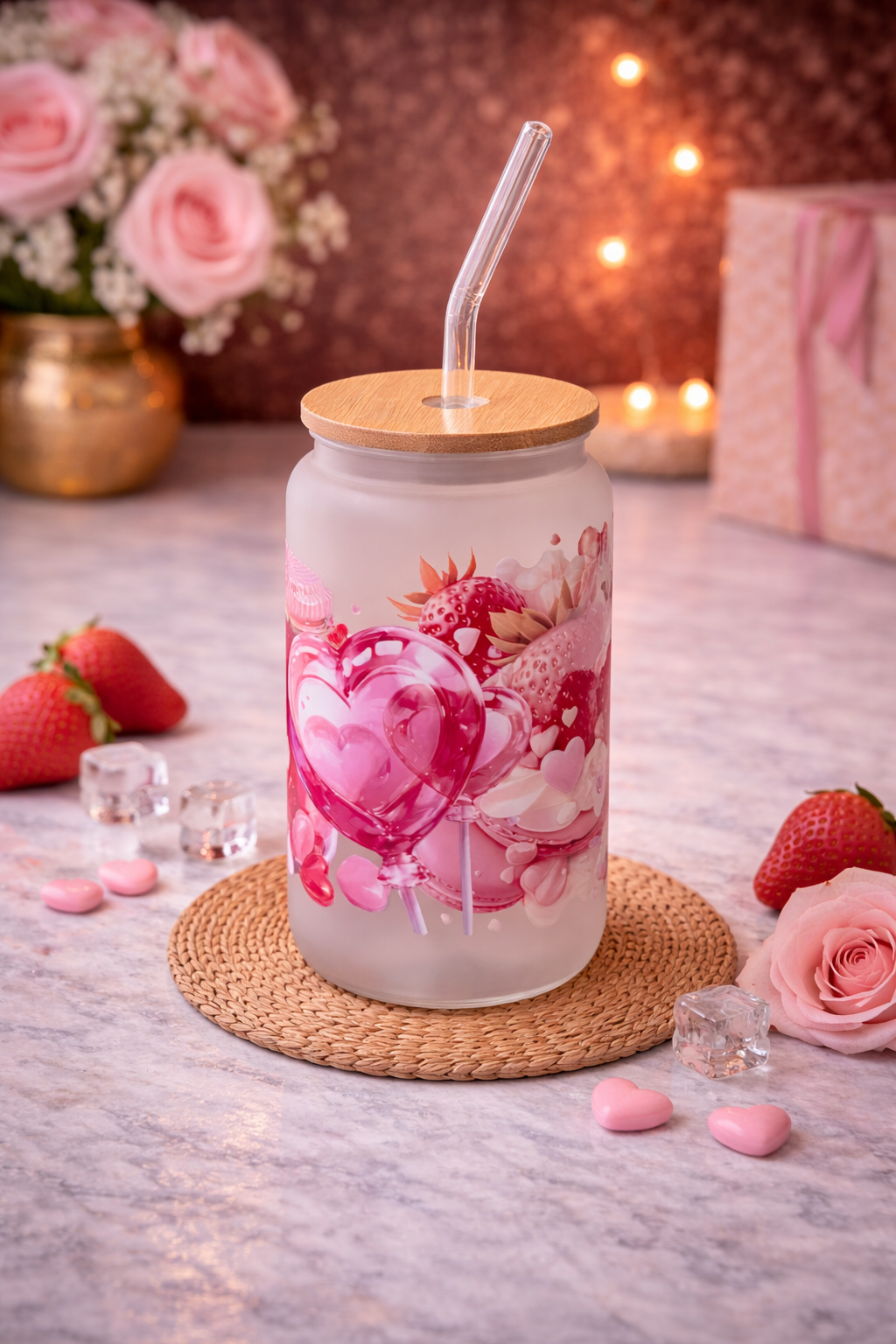 Frosted Glastrinkflasche „Sweet Moments“ – mit Bambusdeckel & Glasstrohhalm