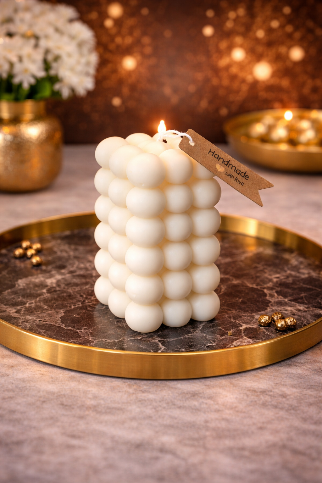 Design-Standkerzen in Creme – Bubble, Twist & Rose