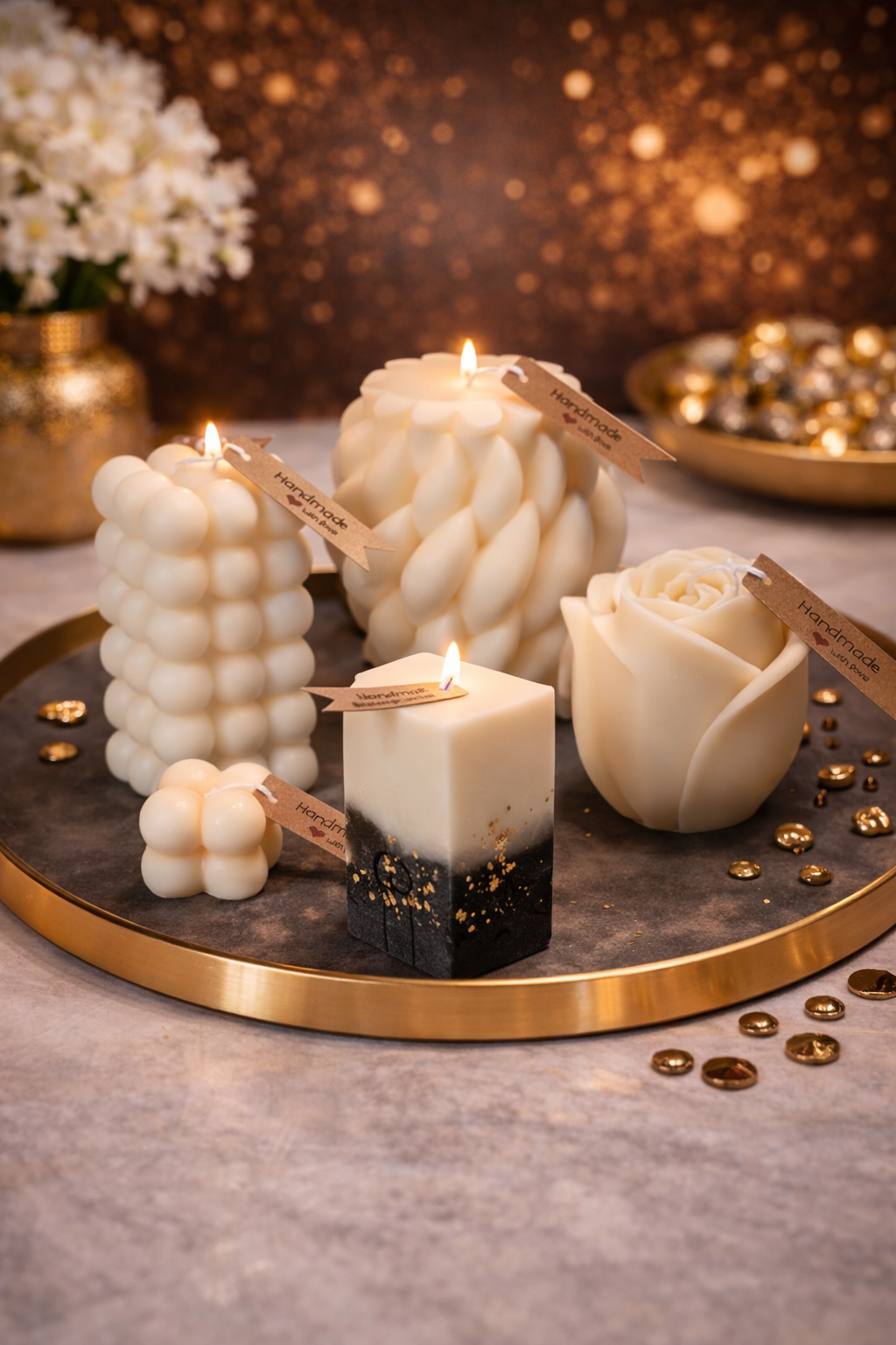 Design-Standkerzen in Creme – Bubble, Twist & Rose