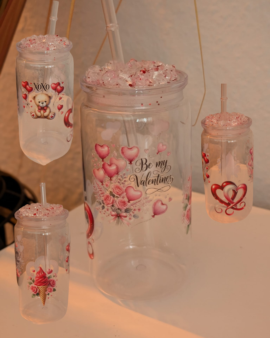Valentinstumbler „Love Sips“ – Glas-/Kunststofftrinkflasche mit verschiedenen, niedlichen Motiven