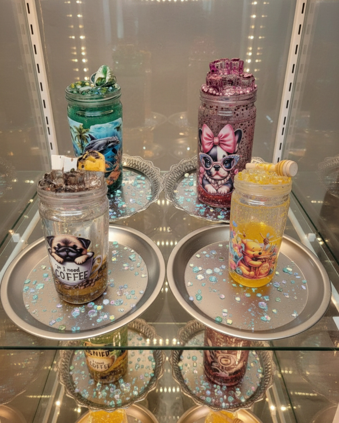 Trinkbecher mit Glitzer & Motiv – verschiedene Designs